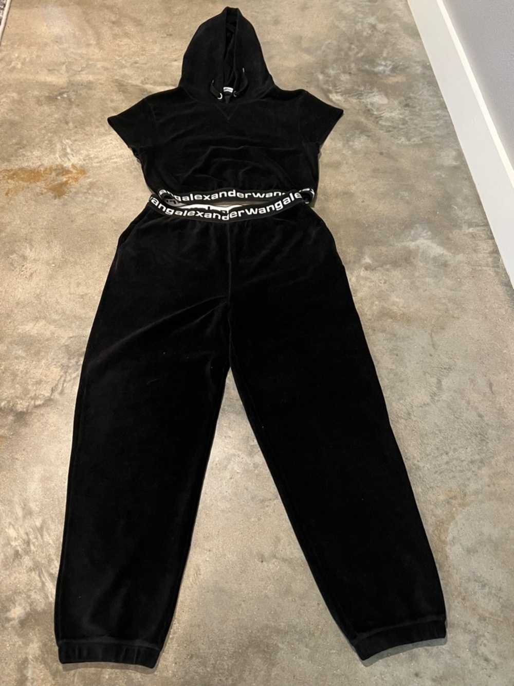 Authentic Alexander Wang Black Hooded Cropped Jumpsuit with Branded Waistband